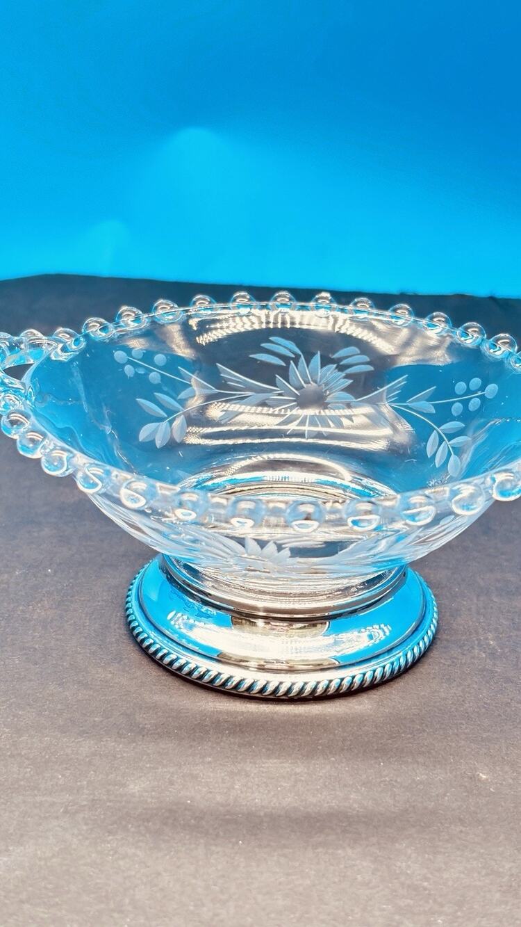 Vintage Imperial Candlewick Handled Bowl Sterling Silver Base Etched Floral